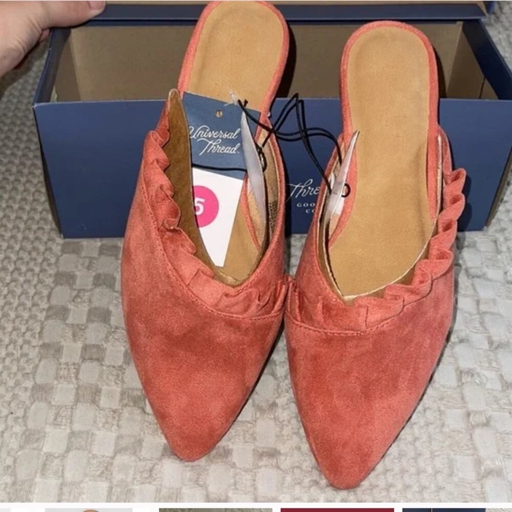 Fall Suede like Ruffle mules casual flats rust color size 5 NEW forest fairy - Picture 2 of 6